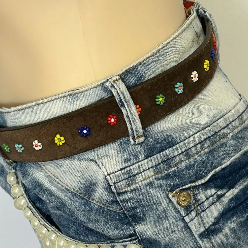 Brown Suede Leather Belt Multicolor Seed Bead Floral Boho Western 33” Waist